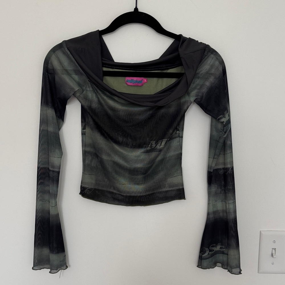 Edikted Off the Shoulder Sheer Black/Gray/Green Long Sleeve Top - Size XS